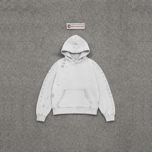 VINTAGE WASHED SILVER DISTRESSED OVERSIZED HOODIE MODERN LIGHT MINIMAL LOOSE FIT HEAVYWEIGHT CASUAL SWEATSHIRT EMBROIDERED - Product Image 5