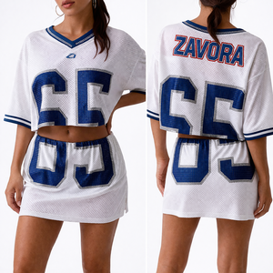 Women Mesh American Football Jersey Two Piece Set Crop <b>Top</b> Mini Skirt Rhinestone Number Breathable Polyester Sportswear T shirt - Product Image 4
