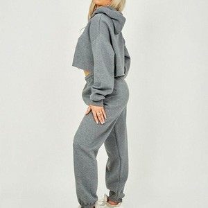 Conjunto Deportivo Gris con Capucha para Mujer, Manga Larga, Color Sólido, Corte Holgado, Pantalones Deportivos Casuales con Bolsillos Laterales, Ropa de Otoño, Cómoda - Product Image 1