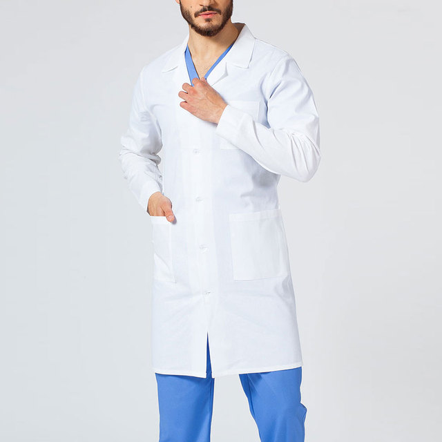 Men White Cotton Polyester Lab Coat Long Sleeve Woven Hospital Uniform With Pockets Blue Trim