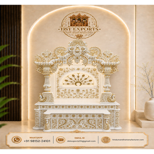 Elegant White & Gold Teak Wood Hindu Temple for Home Traditional Handcarved Wooden <b>Mandir</b> Myur Style Solid Teak Wood <b>Mandir</b> USA - Product Image 1