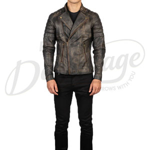 Men Retro Distressed <b>Brown</b> Real <b>Leather</b> Biker <b>Jacket</b> Vintage Asymmetric Zip Motorcycle <b>Jacket</b> Padded Winter Fashion Coat - Product Image 4