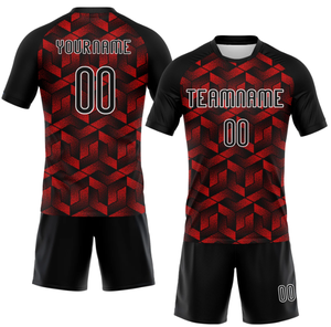 Ensemble d'uniformes de football personnalisés sublimés, noir, rose, bleu, géométrique, col rond, manches courtes, évacuation de l'humidité, pour hommes adultes, toutes saisons - Product Image 6