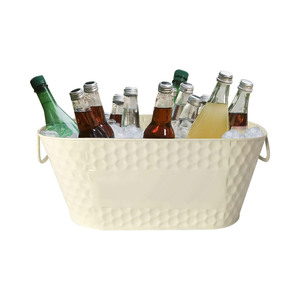 Modern Cream Hammered Oval Galvanized Steel <b>Ice</b> Bucket With Wire Side Handles Powder Coated Metal Party Beer Beverage Tub Supply - Product Image 2