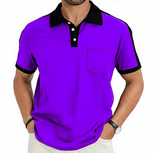 Polo à manches courtes pour homme, couleur unie, coton tricoté, respirant, décontracté, avec poche, bordure rouge et noire - Product Image 3