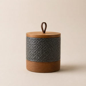 Rustic Ceramic Storage Canister Wooden <b>Lid</b> Embossed Texture Airtight Kitchen Jar Premium Countertop Organizer Farmhouse <b>Decor</b> - Product Image 1