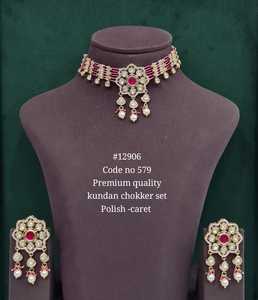 12906Green Kundan <b>Choker</b> Necklace Set With Earrings Premium Ethnic Pearl Moti Caret Tone Jewelry <b>For</b> <b>Women</b> Wedding Party Wear - Product Image 3