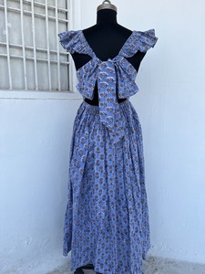 Open Back Square Collar Woven Cotton Breathable A-Line <b>Maxi</b> <b>Dress</b> <b>Flutter</b> <b>Sleeve</b> Summer Boho Floral Block Print Ruffle Strap - Product Image 3