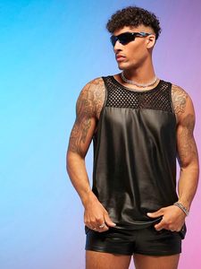 Men's 2 Piece Outfit Mesh Sheer Pu Leather Tank Top and Track Shorts <b>Set</b> - Product Image 3