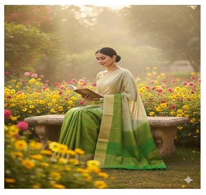 Sari de Seda Tussar Verde para Mujer, Traje Tradicional Étnico Festivo con Diseño de Borde y Detalles en Tela - Product Image 5