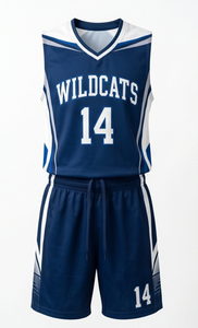 Ensemble de maillot de basket-ball pour hommes, bleu marine, sublimé, col en V, sans manches, short à cordon de serrage, évacuation de l'humidité, coupe athlétique - Product Image 2