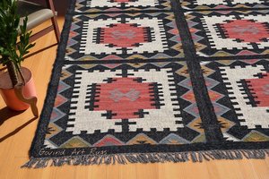 Tapis géométrique Kilim fait main, écologique, tufté à la main, rectangulaire, en laine et acrylique, pour salon, à poils moyens, en latex - Product Image 6