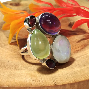 Natural Moonstone Prehnite Amethyst Tourmaline Gemstone Bezel Set <b>Ring</b> 925 Sterling Silver Handmade Multi Stone Wedding - Product Image 5