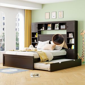 Letto matrimoniale in legno con armadio integrato, mensole e cassetti estraibili Twin XL, colore espresso - Product Image 1