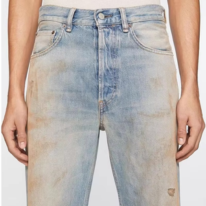 Jean droit ample vintage déchiré et vieilli en coton 100 % biologique peigné pour homme, délavé foncé avec décoration en cristal, idéal pour l'hiver et l'automne - Product Image 6