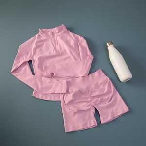 Pastel Pink Solid Two Piece Spandex/Nylon Quick Dry Activewear Set <b>Lace</b>/Belt Crop Top <b>Elastic</b> Waist Low Waist Fitted Shorts Yoga - Product Image 4