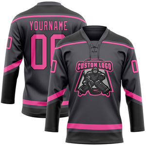 Maillot de hockey sur glace unisexe à col en V, manches longues, imprimé par sublimation, noir/rose, respirant, écologique, en polyester anti-humidité - Product Image 1