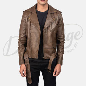Veste de motard en cuir marron de qualité supérieure pour homme, en véritable peau de mouton, avec fermeture éclair asymétrique et ceinture, style sport et mode - Product Image 6