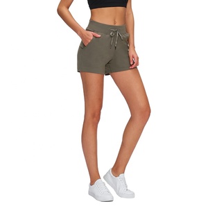Shorts taille haute pour femmes, couleur unie, tricotés en coton et élasthanne, décontractés, respirants, avec poches, coupe régulière - Product Image 1