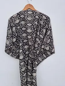 Ethnic Women's Floral Block Print <b>Black</b> <b>Kaftan</b> Dress Loose Fit 100% Cotton Summer beach wear Holiday Long dress - Product Image 2