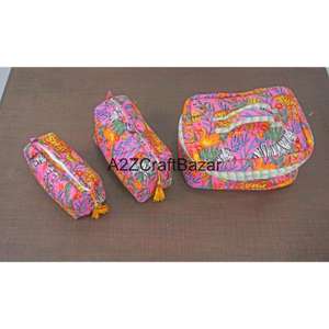 Ensemble de 3 trousses de toilette et de maquillage en coton imprimé à la main, grand format, avec fermeture éclair, imperméables, écologiques, durables, pour le voyage - Product Image 1