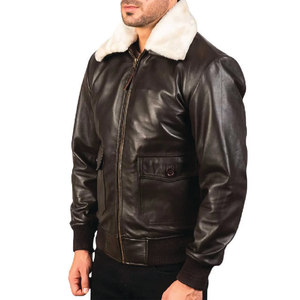 Chaqueta de Cuero Marrón de Piel de Oveja Auténtica de Primera Calidad para Hombre, con Cuello de Piel Blanca, Estilo Bomber, Ropa Exterior Informal, Moda, Venta al Por Mayor, Tendencia - Product Image 3