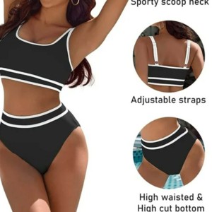 Ensemble de maillot de bain sportif 2 pièces pour femmes, couleur contrastée, col rond, sans manches, court, en spandex/polyester, écologique, séchage rapide, été - Product Image 3