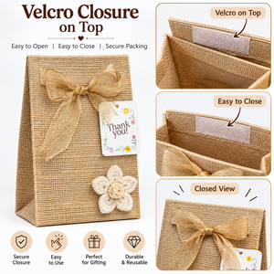 Sacs cadeaux en jute naturel avec nœud en ruban et décoration florale pour mariage, fête, anniversaire, emballage cadeau festif - Product Image 3