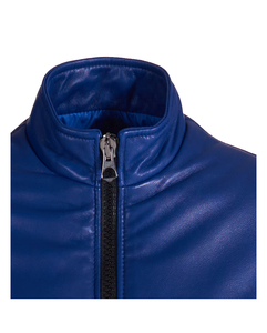 Women's blue Genuine Leather Moto Jacket Full Sleeve <b>Zipper</b> Closure Stand Collar Autumn Style - Product Image 5