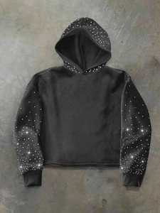 Sweat-shirt à capuche pour femme en polaire, coupe courte, avec manches à strass bordeaux, style streetwear décontracté, haut d'hiver - Product Image 4