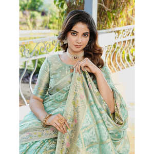 Sari Patola en organza de soie tissé Zari Elite Weaves Sky Silk, élégant pour les fêtes, motif tissé complexe, protection solaire toutes saisons, 600g - Product Image 5