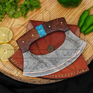 Couteau Ulu artisanal en acier inoxydable avec manche en bois et incrustation turquoise, léger et multifonctionnel pour la cuisine - Product Image 4