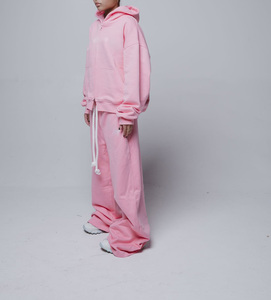 Men's Pink Hooded Sweatshirt <b>Set</b> Casual Oversized Two-Piece Tracksuit Solid Color French Terry Autumn Wear - Product Image 3
