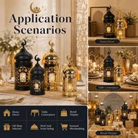 Lanterne en métal Ramadan en gros avec motif croissant de lune et mosquée, et lumière LED pour la décoration de table et de maison pour l'Aïd Moubarak