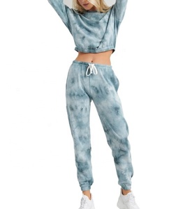 Wholesale women's <b>long</b> sleeve elastic hem crop top with <b>matching</b> joggers trousers - Product Image 1