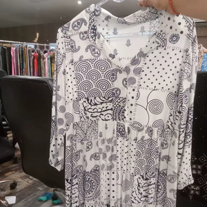 Elegant V-Neck Functional Half-Button Placket Artisan Paisley Patchwork Print Tiered Cotton Boho Stretchable <b>Kurti</b> in India - Product Image 1