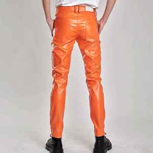 Pantalones Ajustados de PU con Recubrimiento, Color Naranja, Cintura Alta, Estilo Motero, Largos, para Otoño, para Adultos - Product Image 3
