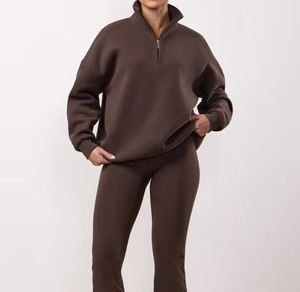 Conjunto de Sudadera de Media Cremallera para Mujer, Color Liso, Manga Larga, Ajuste Holgado, Transpirable, Chándal Casual de Otoño, Pantalones Jogger de Algodón y Spandex - Product Image 5