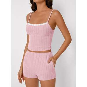 2025 2-Piece Spandex <b>Womens</b> Queen Size <b>Pajama</b> Sets Floral Lace Trim Cami Top and Shorts Perfect <b>Summer</b> Loungewear Outfits - Product Image 1