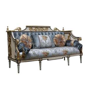 Juego de Sofás de Madera de Caoba Tallada, Clásico y Lujoso, Ecológico, Hecho a Mano, Acabado Azul Dorado, Estilo Europeo, Muebles para Sala de Estar - Product Image 3