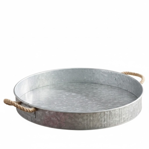 Farmhouse Decor Round Galvanized Metal Serving <b>Tray</b> With Jute Rope Handles Galvanized Steel Decorative <b>Tray</b> For Home <b>Kitchen</b> - Product Image 1