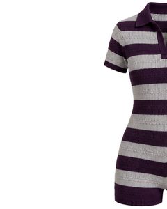Combinaison en tricot rayée violet foncé et blanc pour femme, manches courtes, col polo, coton, été, décontractée, une pièce, coupe ajustée, personnalisable - Product Image 2