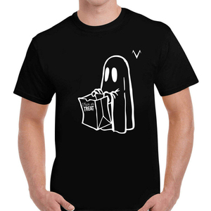 เสื้อยืดผู้ชายสีดำลายการ์ตูนฮาโลวีน Ghost Trick Or Treat แขนสั้น คอกลม ลำลอง พิมพ์ลายการ์ตูน ทรงปกติ - Product Image 1