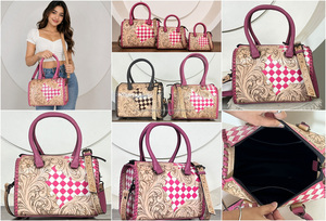 Handmade 2026 New Pink & White Checkered Tooled Cow Leather Speedy Bag Medium 11" Western Cowgirl Handbag Crossbody Duffel Bag - Product Image 3