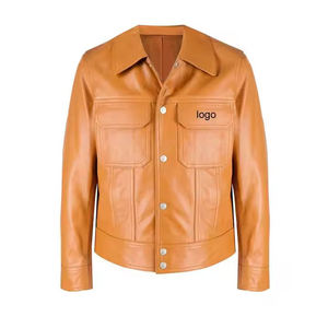 Chaqueta Camisera de Cuero PU Color Bronceado para Hombre, Cuello Camisero, Estilo Workwear, Cierre de Botones, Ropa de Otoño - Product Image 1