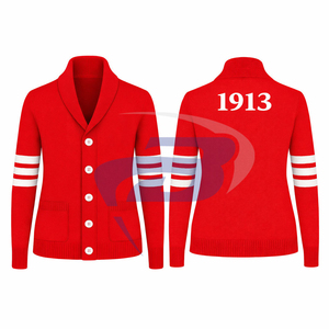 Delta |   Sigma |   Suéter de Punto con Botones Bordados Rojos y Blancos de la Hermandad Theta, con Rayas Blancas, para Mujer - Product Image 3