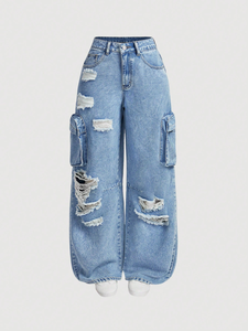 High Waist Wide Leg Distressed Denim Cargo Pants Loose Fit Full Length Cotton Casual Style Button Fly - Product Image 1