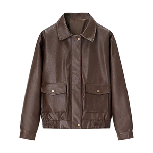 Beige <b>Real</b> <b>Leather</b> Bomber <b>Jacket</b> Full Sleeve Turn-down Collar Single Button Autumn Style Women's <b>Jacket</b> - Product Image 4
