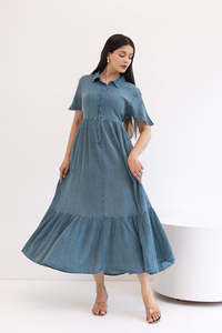 Light Blue Linen Cotton Shirt <b>Dress</b> Maxi Length Short Sleeve Button Front <b>Ruffle</b> Hem Loose Fit Casual Summer Wear Solid Color - Product Image 4