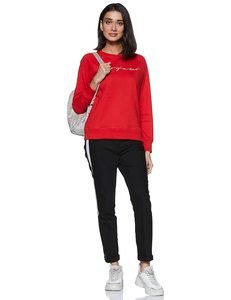 Sweat-shirt rouge à col rond pour femme, manches longues, en coton tricoté respirant, imprimé lettres sur le devant, style décontracté, style automne - Product Image 1